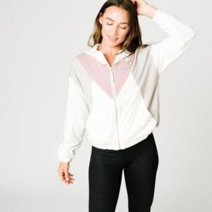 Zyia Active Cream Color Block Soft Zipper Hoodie Jacket Slouchy Size XL
